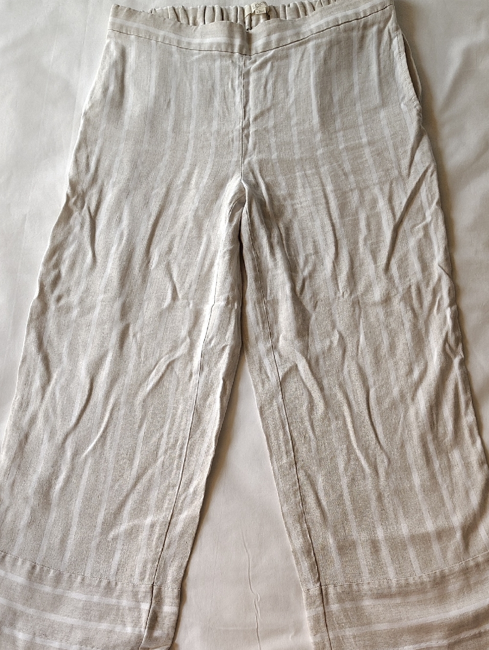 LOFT Light Beige Striped Linen-Blend Wide Leg Pants Small EUC